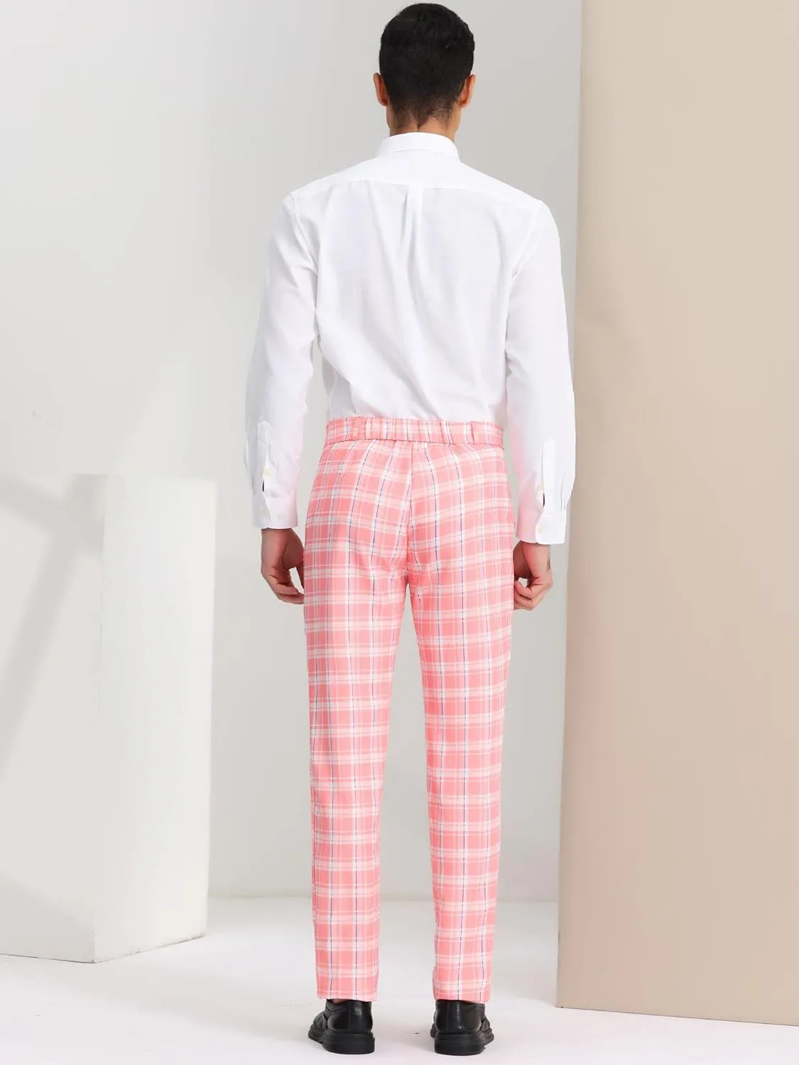 Lars Amadeus Men's Plaid Pants Regular Fit Flat Front Classic Elastic Waist Suit Pants