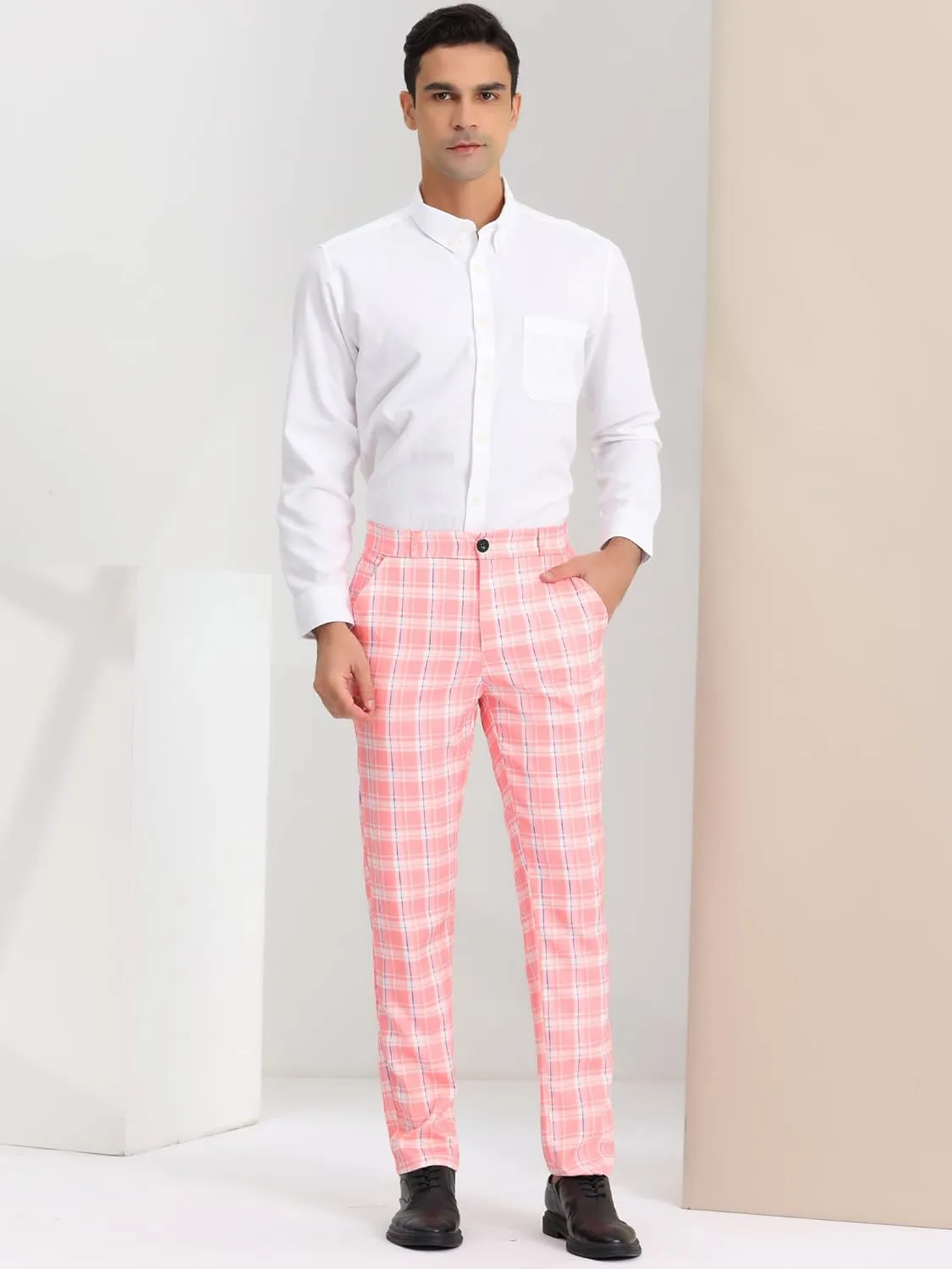 Lars Amadeus Men's Plaid Pants Regular Fit Flat Front Classic Elastic Waist Suit Pants