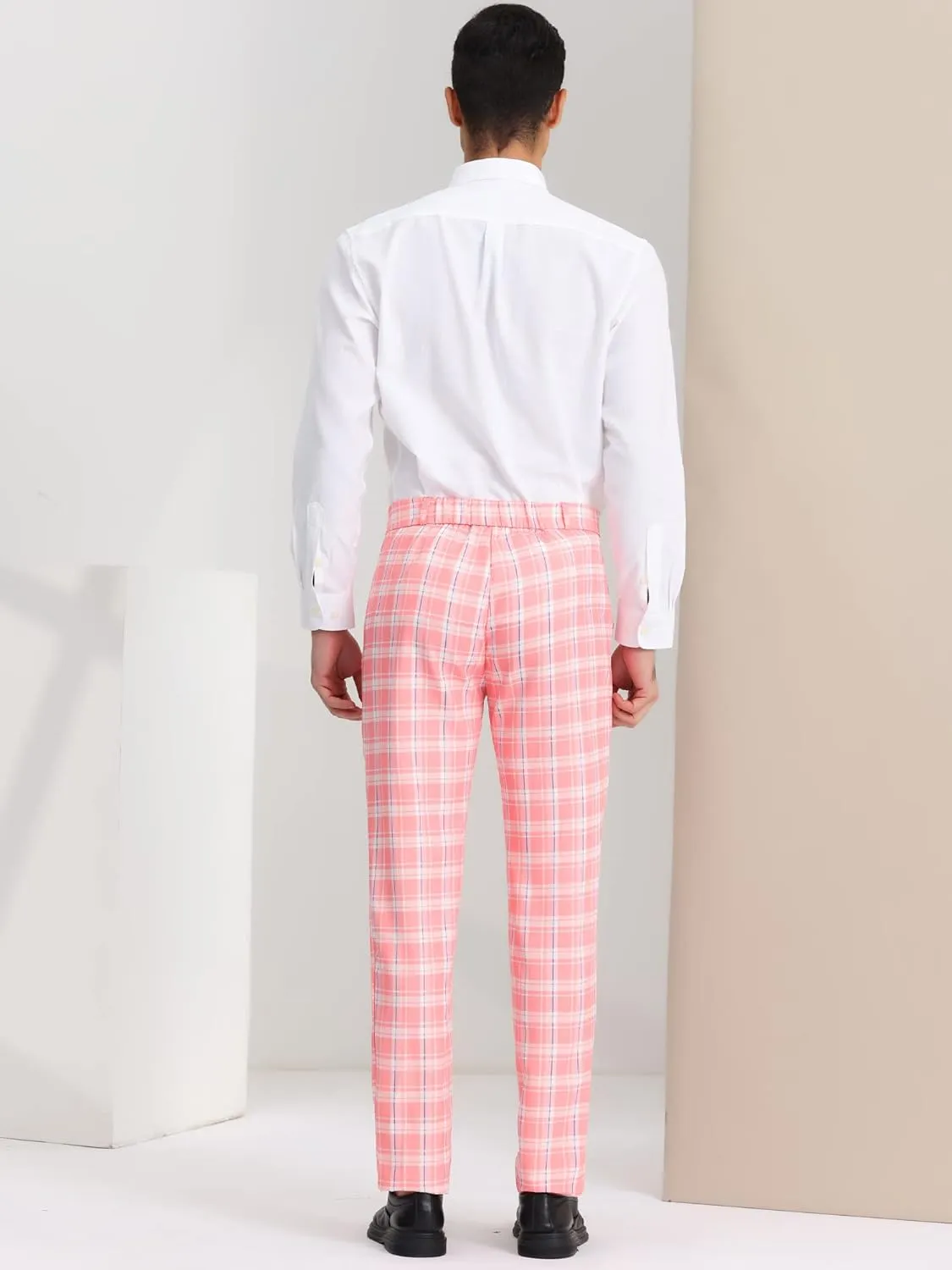 Lars Amadeus Men's Plaid Pants Regular Fit Flat Front Classic Elastic Waist Suit Pants