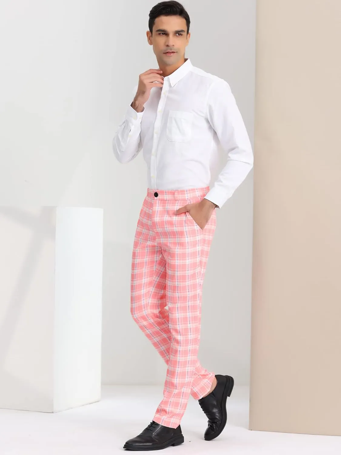 Lars Amadeus Men's Plaid Pants Regular Fit Flat Front Classic Elastic Waist Suit Pants