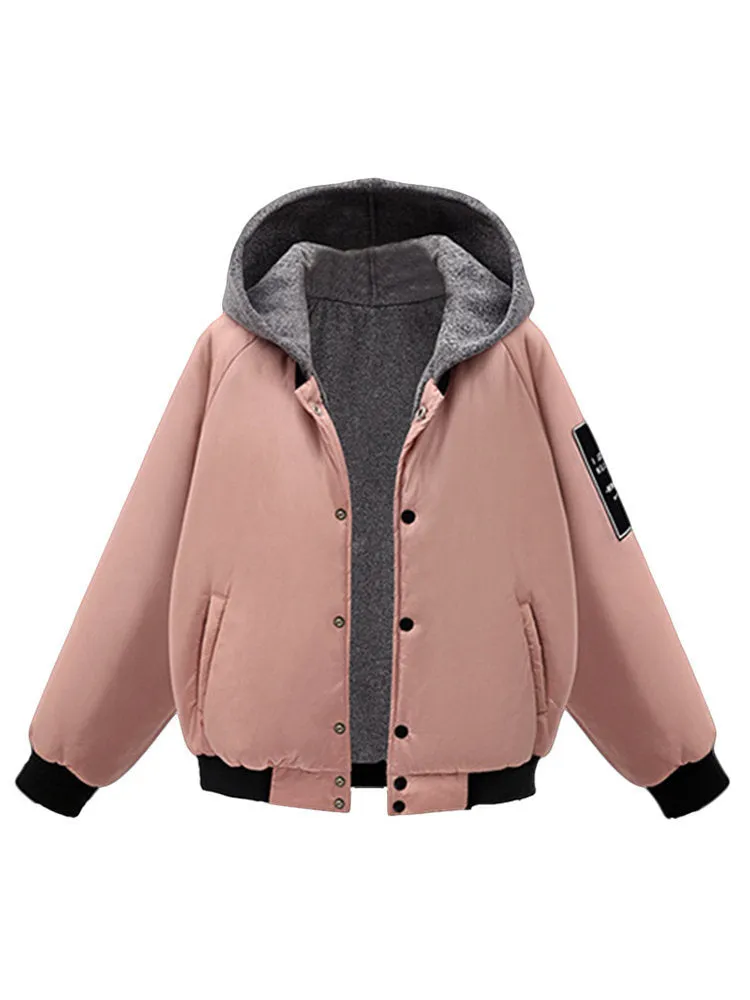 Letter Patchwork Hooded Women Padded Coats