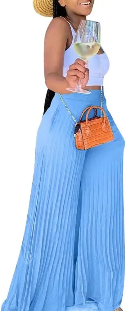 Lexiart Womens High Waisted Chiffon Loose Pleated Wide Leg Palazzo Pants