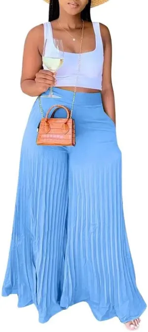 Lexiart Womens High Waisted Chiffon Loose Pleated Wide Leg Palazzo Pants