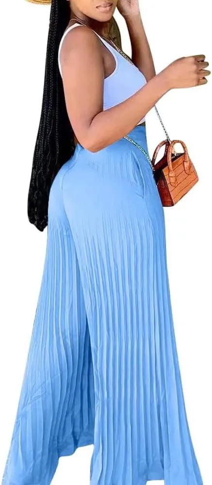 Lexiart Womens High Waisted Chiffon Loose Pleated Wide Leg Palazzo Pants