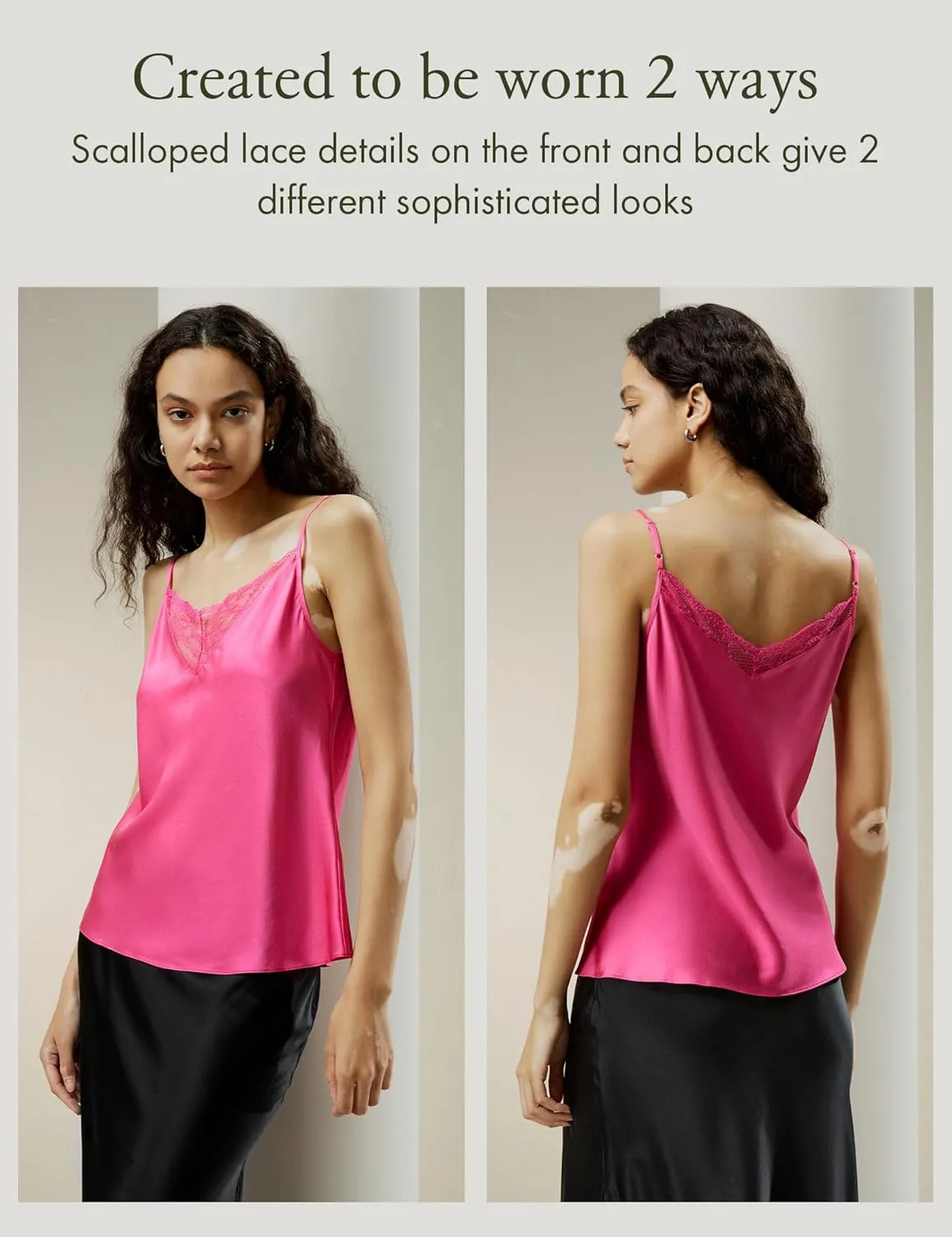 LilySilk Pure Silk Lace Camisole for Women 100% Silk Lingerie Base Layer Adjustable 2-in-1 Summer Tank Tops Ladies