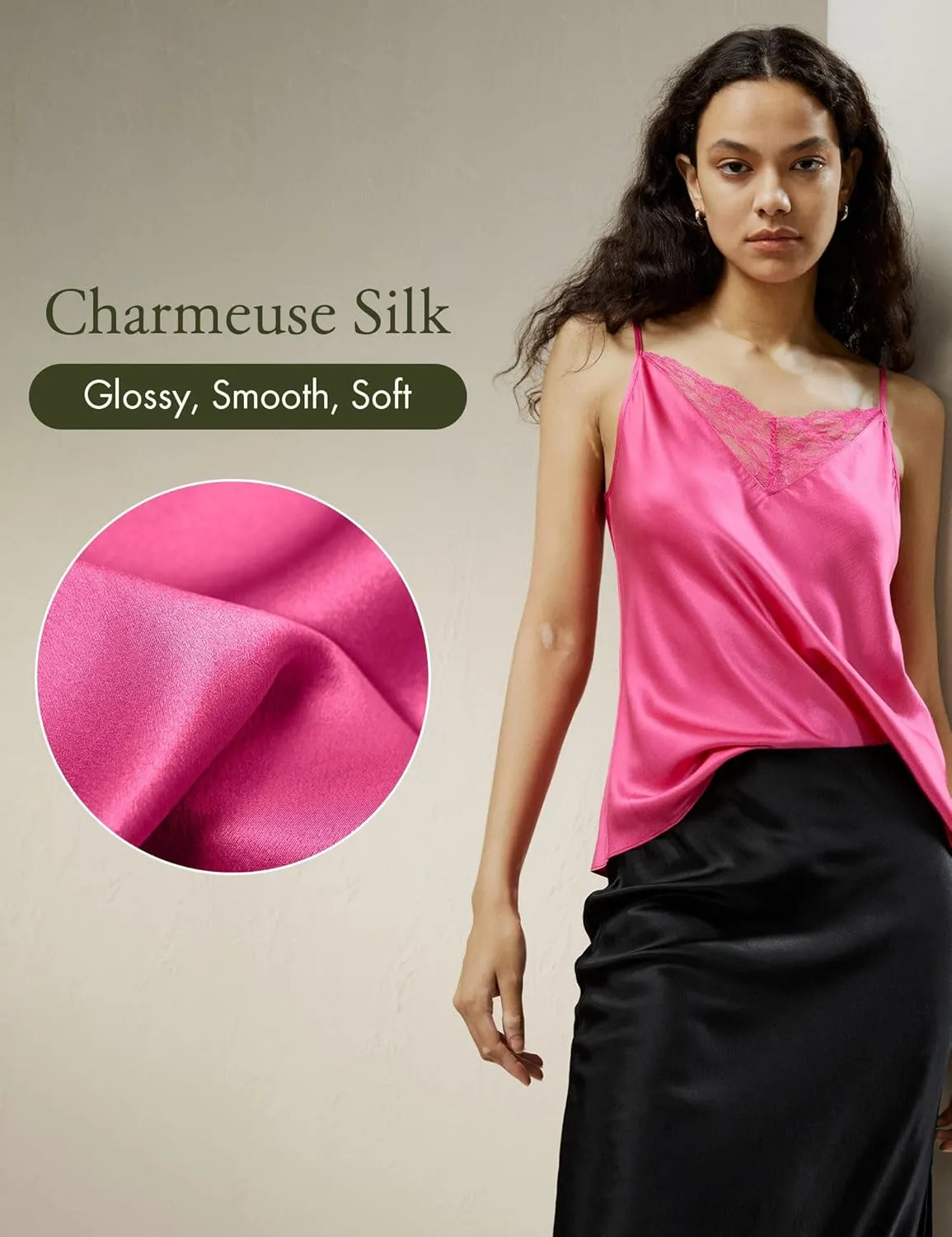 LilySilk Pure Silk Lace Camisole for Women 100% Silk Lingerie Base Layer Adjustable 2-in-1 Summer Tank Tops Ladies