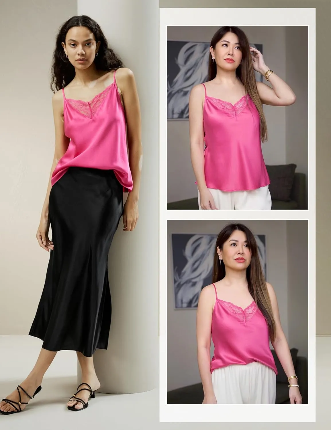 LilySilk Pure Silk Lace Camisole for Women 100% Silk Lingerie Base Layer Adjustable 2-in-1 Summer Tank Tops Ladies