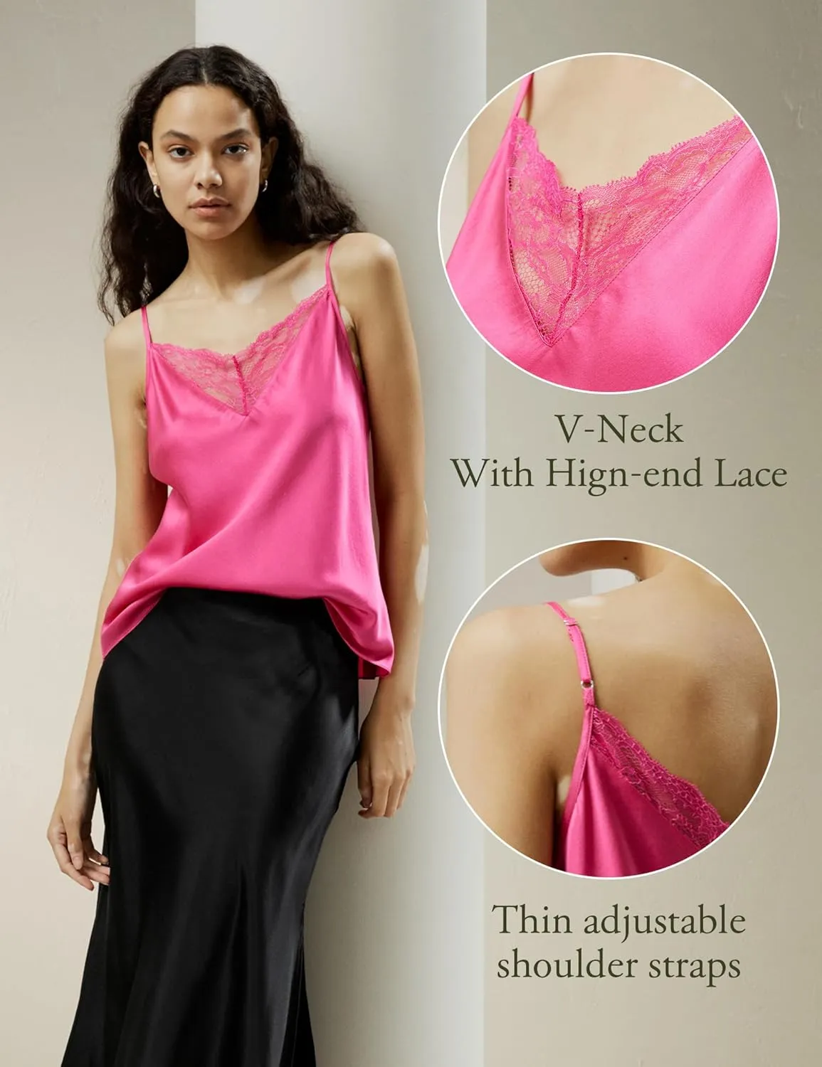 LilySilk Pure Silk Lace Camisole for Women 100% Silk Lingerie Base Layer Adjustable 2-in-1 Summer Tank Tops Ladies