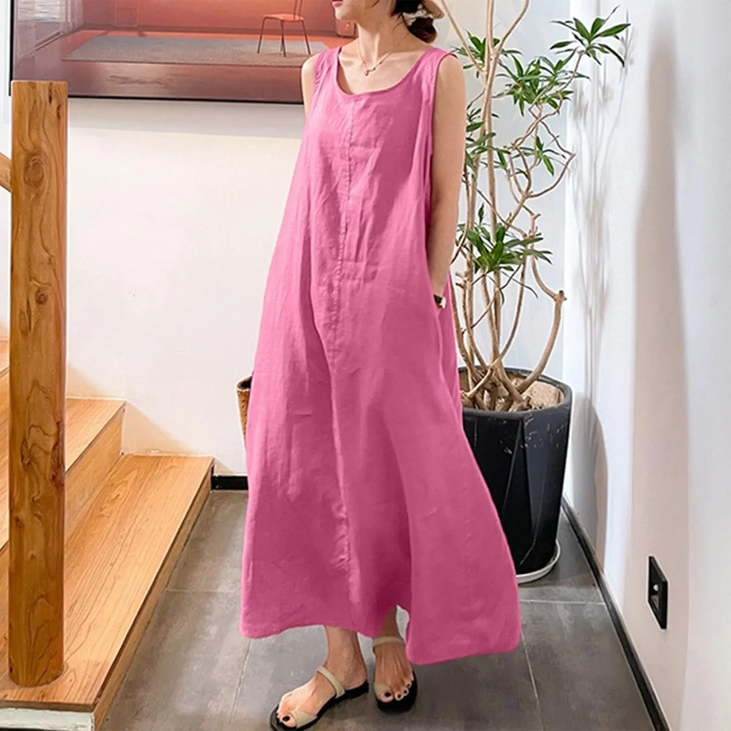 Linen Dresses for Women 2025 Plus Size Dress with Pocket Summer Casual Long Sleeve Boho Maxi Dress Sundress Clothes