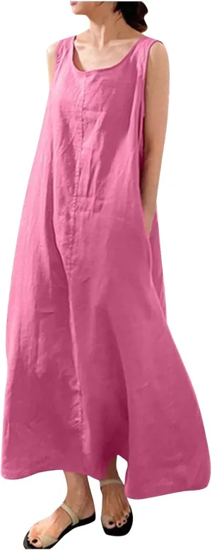 Linen Dresses for Women 2025 Plus Size Dress with Pocket Summer Casual Long Sleeve Boho Maxi Dress Sundress Clothes