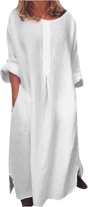 Linen Dresses for Women 2025 Plus Size Dress with Pocket Summer Casual Long Sleeve Boho Maxi Dress Sundress Clothes