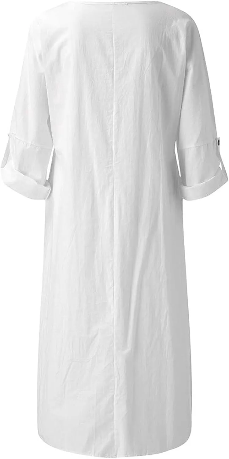 Linen Dresses for Women 2025 Plus Size Dress with Pocket Summer Casual Long Sleeve Boho Maxi Dress Sundress Clothes
