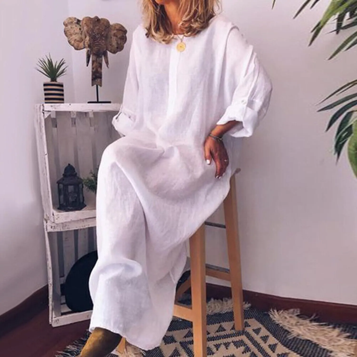Linen Dresses for Women 2025 Plus Size Dress with Pocket Summer Casual Long Sleeve Boho Maxi Dress Sundress Clothes
