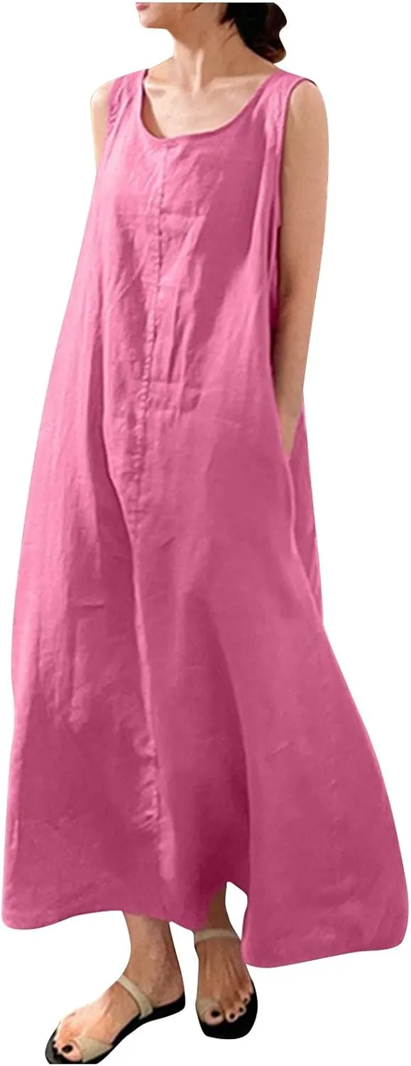 Linen Dresses for Women 2025 Plus Size Dress with Pocket Summer Casual Long Sleeve Boho Maxi Dress Sundress Clothes
