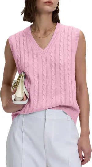 Locachy Women's Vintage Loose V Neck Sleeveless Cable Knit Preppy Style Pullover Sweater Vest