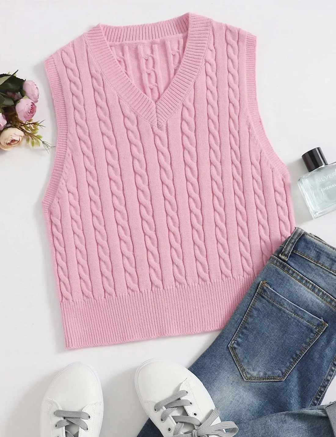 Locachy Women's Vintage Loose V Neck Sleeveless Cable Knit Preppy Style Pullover Sweater Vest