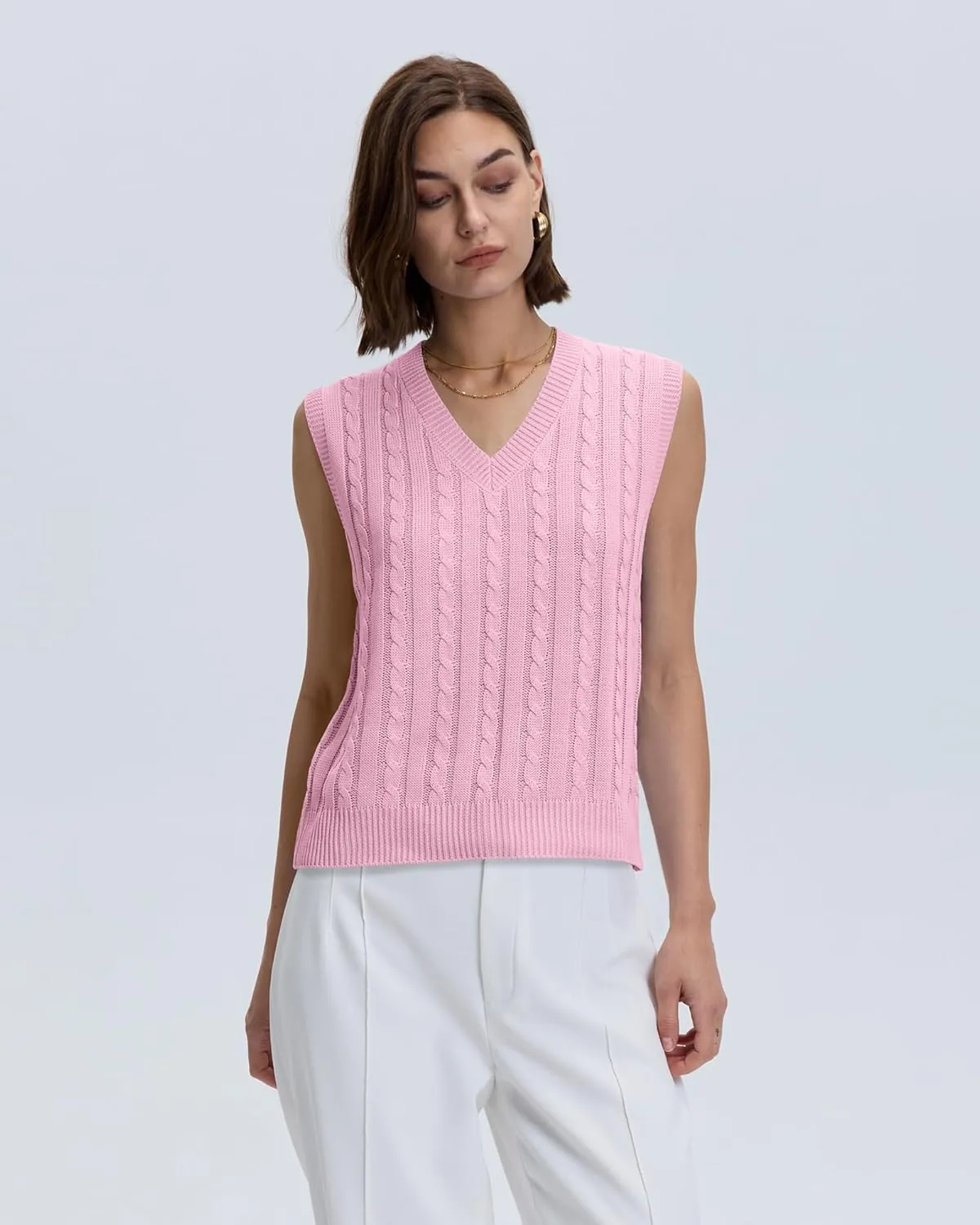 Locachy Women's Vintage Loose V Neck Sleeveless Cable Knit Preppy Style Pullover Sweater Vest