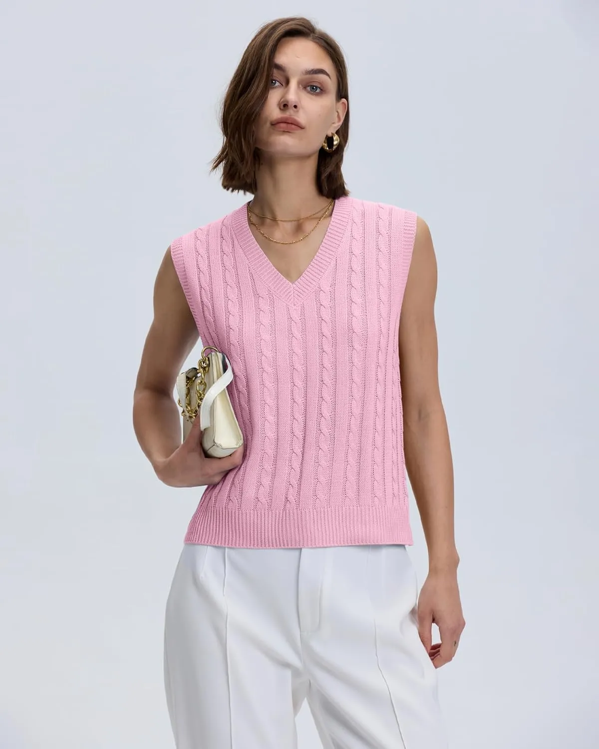Locachy Women's Vintage Loose V Neck Sleeveless Cable Knit Preppy Style Pullover Sweater Vest