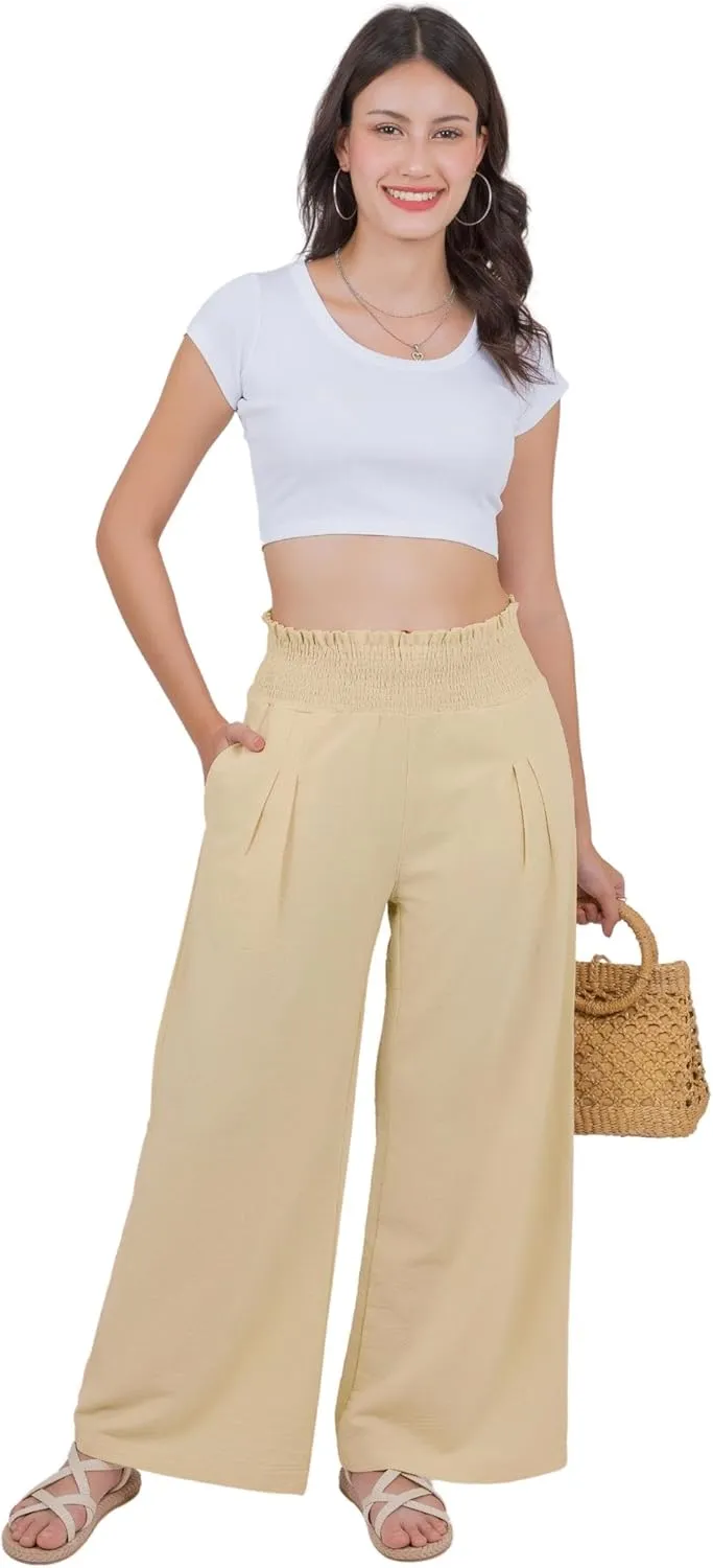 LOFBAZ Women Linen Wide Leg Palazzo Pants Flowy Casual Boho Trousers High Waist Beach Lounge Long Pant with Pockets