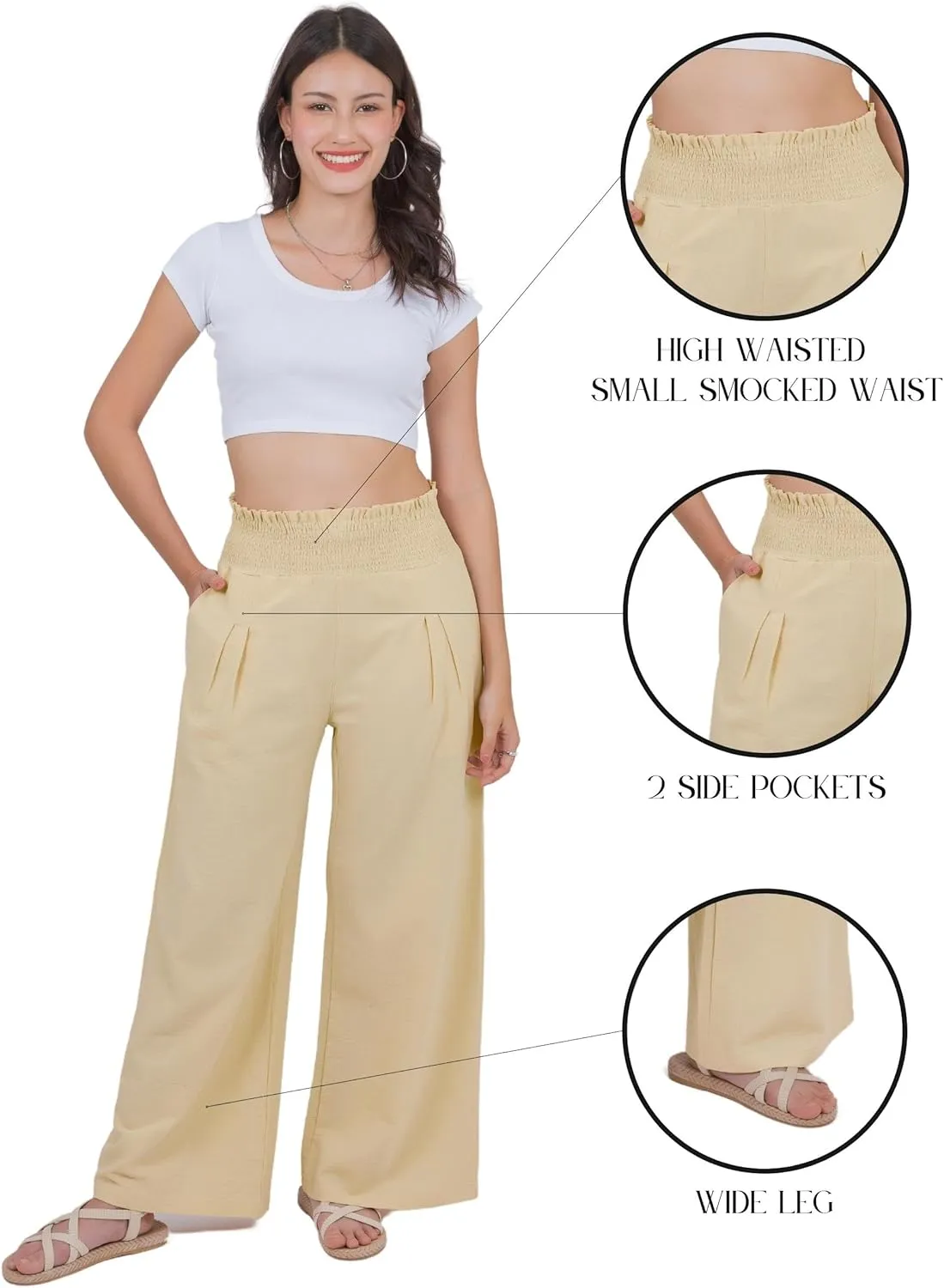 LOFBAZ Women Linen Wide Leg Palazzo Pants Flowy Casual Boho Trousers High Waist Beach Lounge Long Pant with Pockets