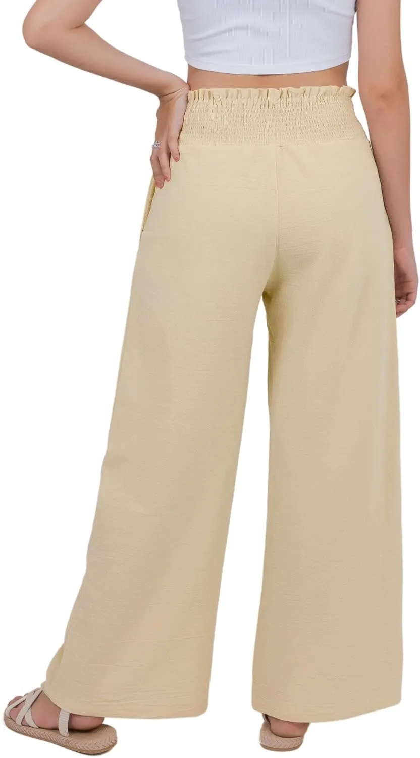 LOFBAZ Women Linen Wide Leg Palazzo Pants Flowy Casual Boho Trousers High Waist Beach Lounge Long Pant with Pockets