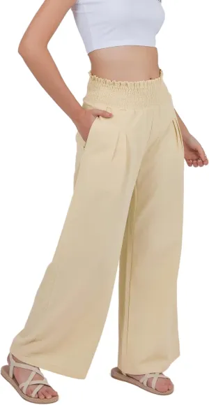 LOFBAZ Women Linen Wide Leg Palazzo Pants Flowy Casual Boho Trousers High Waist Beach Lounge Long Pant with Pockets