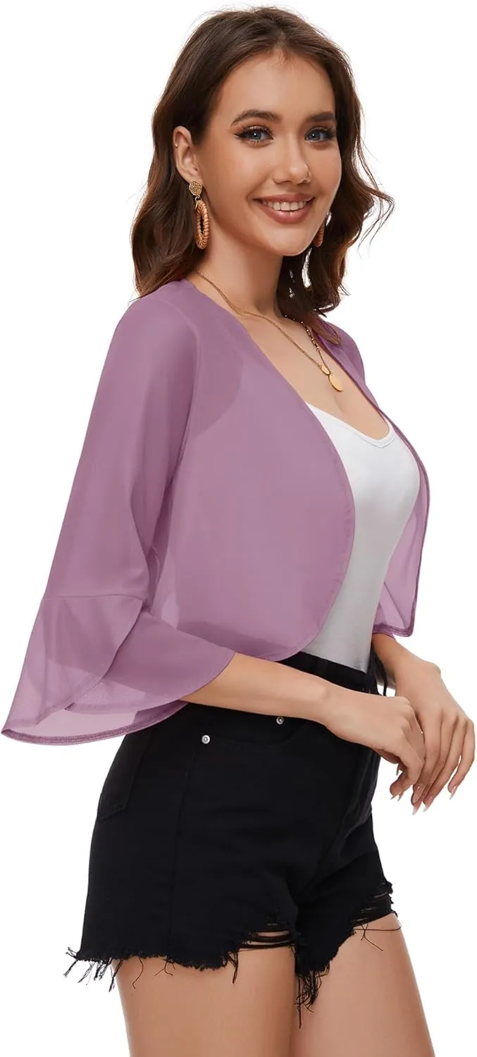 LOMON 3/4 Sleeve Cropped Cardigan for Women Lightweight Open Front Bolero Shrug for Dresses