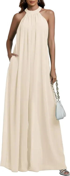 LYANER Women's Halter Neck Sleeveless Chiffon Wide Leg Long Pants Jumpsuit Romper
