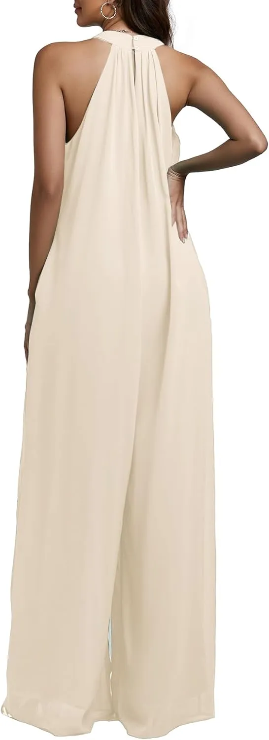 LYANER Women's Halter Neck Sleeveless Chiffon Wide Leg Long Pants Jumpsuit Romper