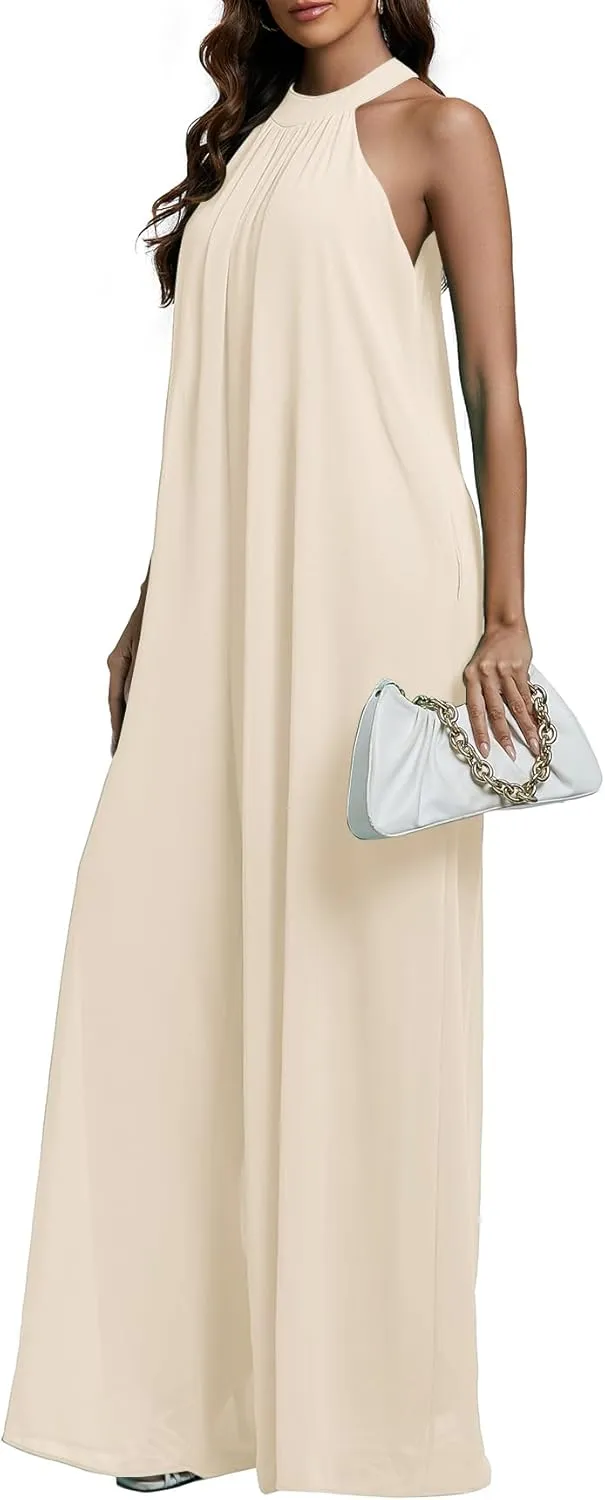 LYANER Women's Halter Neck Sleeveless Chiffon Wide Leg Long Pants Jumpsuit Romper