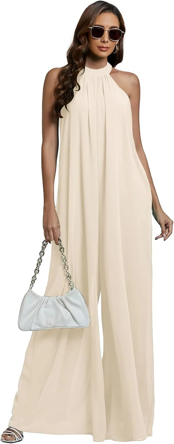 LYANER Women's Halter Neck Sleeveless Chiffon Wide Leg Long Pants Jumpsuit Romper