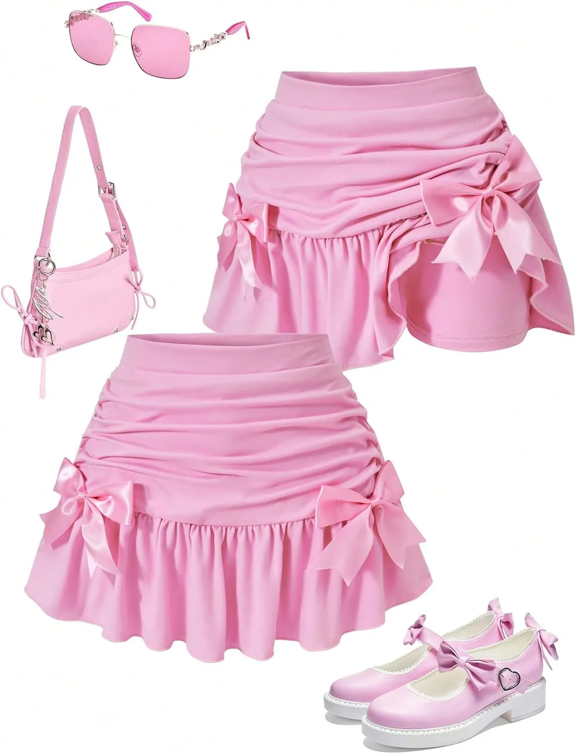 MakeMeChic Girl's Bow Mini Skirt Elastic Waist Ruched Ruffle Hem A Line Flowy Summer Skorts