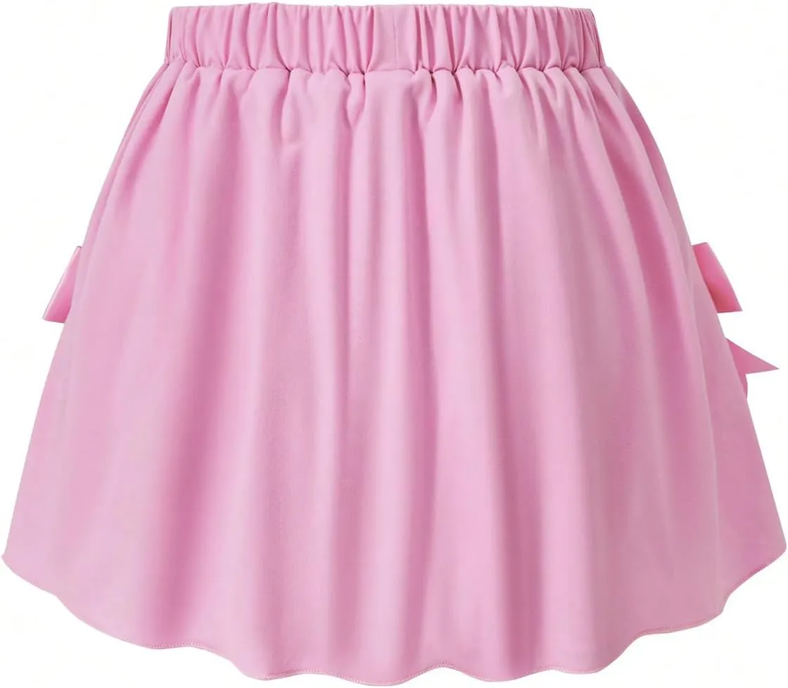 MakeMeChic Girl's Bow Mini Skirt Elastic Waist Ruched Ruffle Hem A Line Flowy Summer Skorts