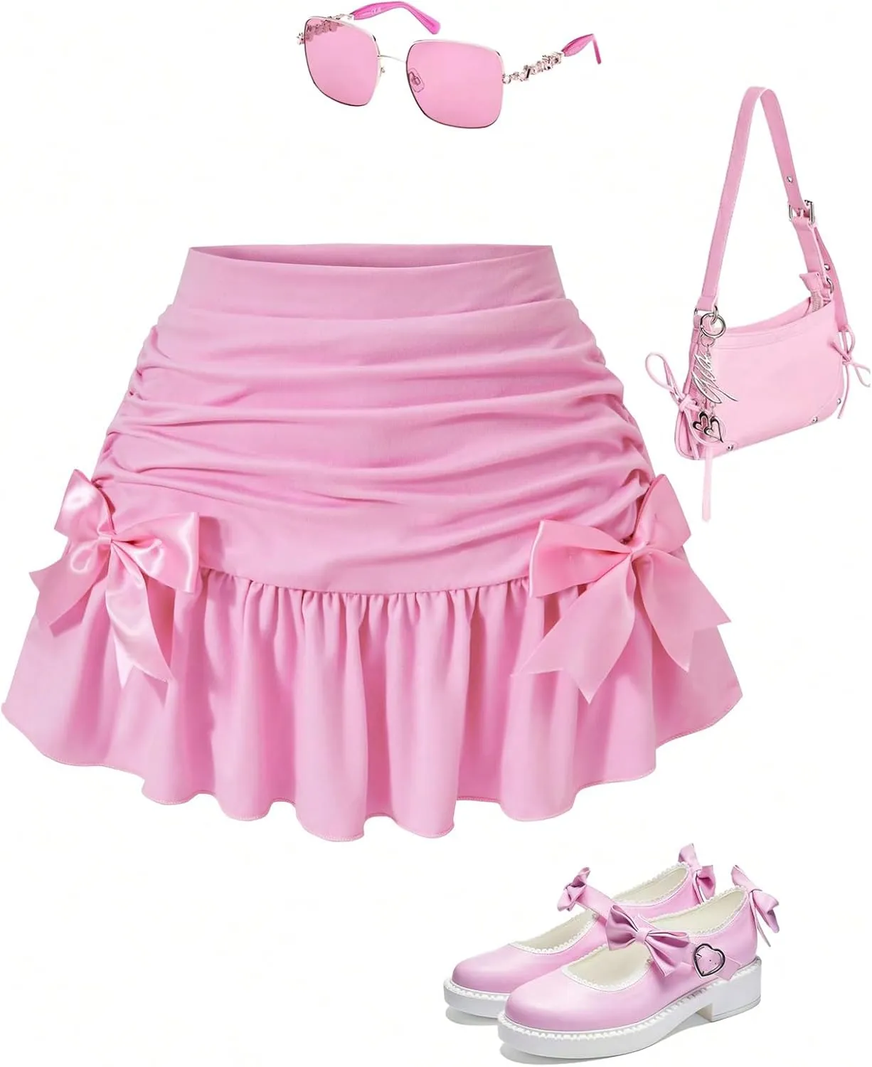 MakeMeChic Girl's Bow Mini Skirt Elastic Waist Ruched Ruffle Hem A Line Flowy Summer Skorts