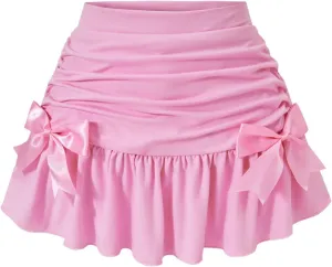 MakeMeChic Girl's Bow Mini Skirt Elastic Waist Ruched Ruffle Hem A Line Flowy Summer Skorts