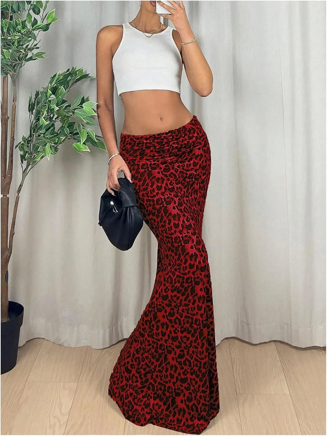 MakeMeChic Women's Leopard Print Ruched Flared Hem Skinny Fit Bodycon Long Maxi Skirts