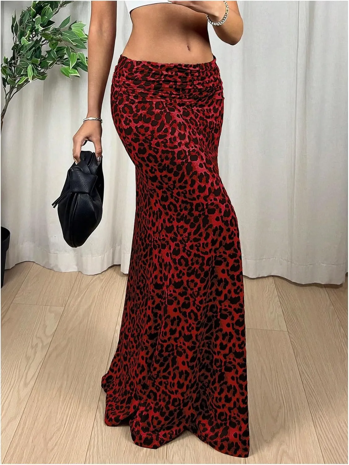 MakeMeChic Women's Leopard Print Ruched Flared Hem Skinny Fit Bodycon Long Maxi Skirts