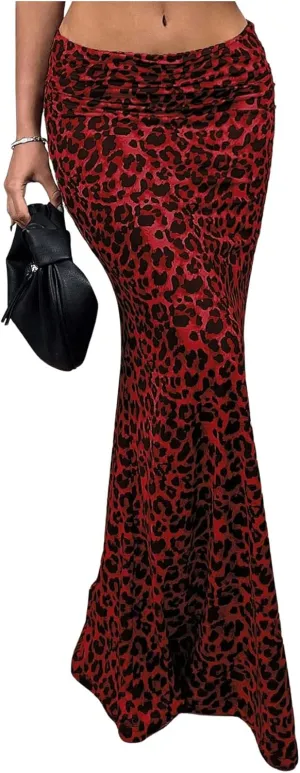 MakeMeChic Women's Leopard Print Ruched Flared Hem Skinny Fit Bodycon Long Maxi Skirts