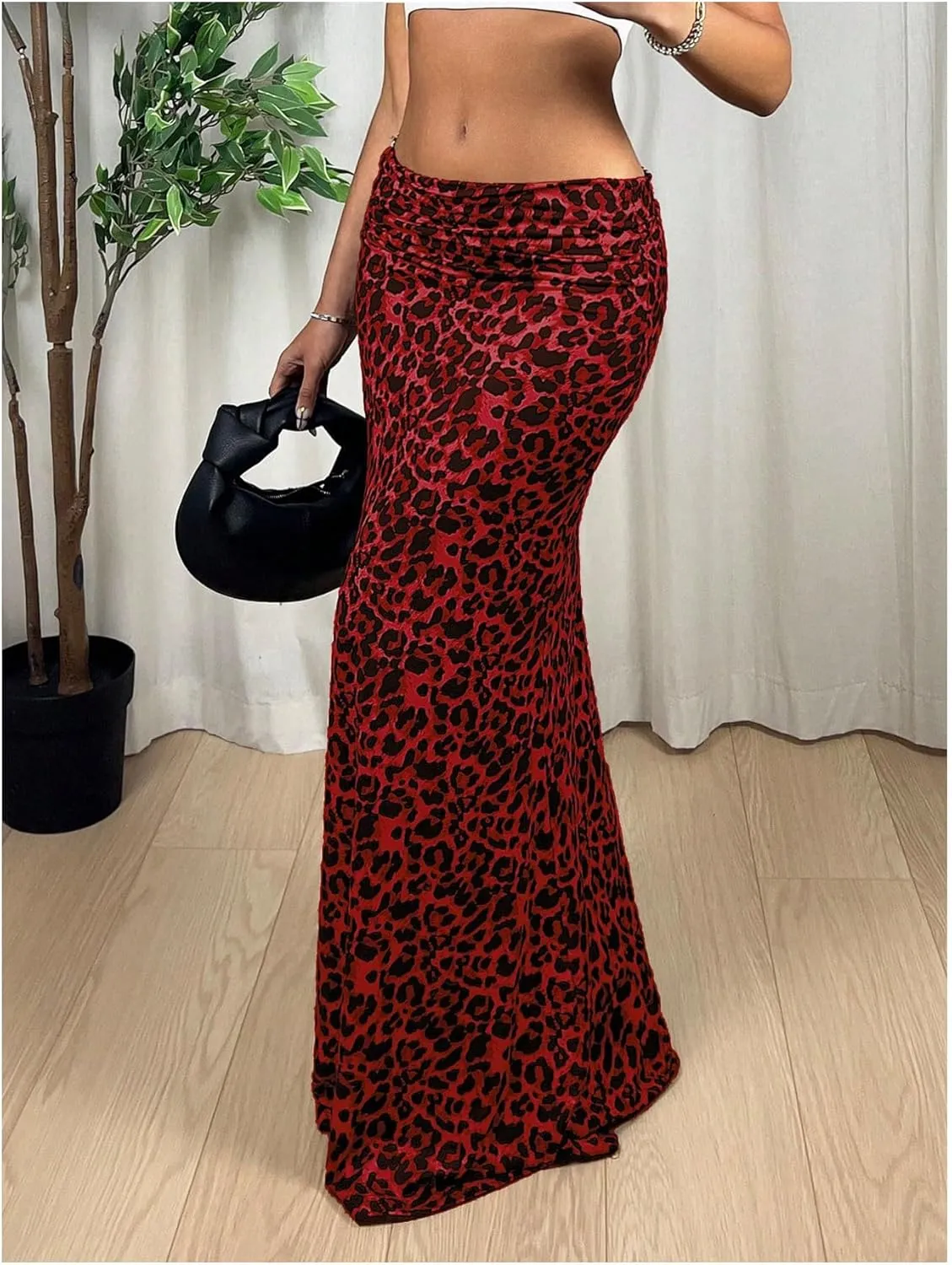 MakeMeChic Women's Leopard Print Ruched Flared Hem Skinny Fit Bodycon Long Maxi Skirts