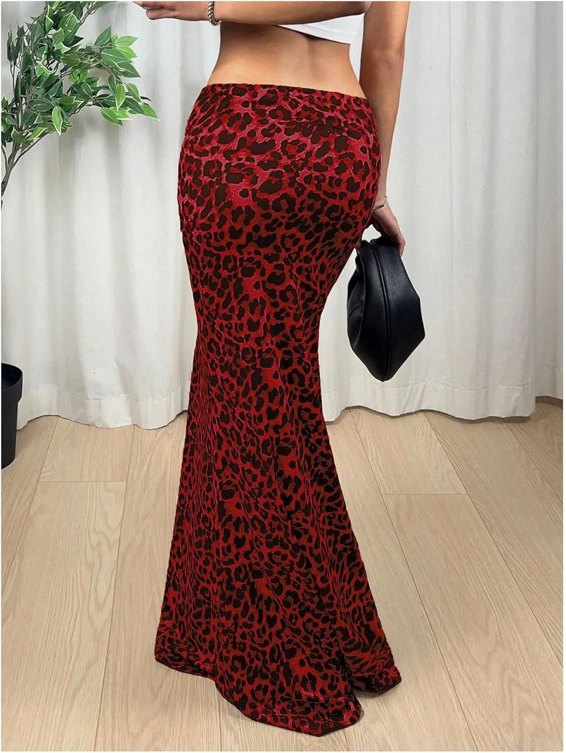 MakeMeChic Women's Leopard Print Ruched Flared Hem Skinny Fit Bodycon Long Maxi Skirts