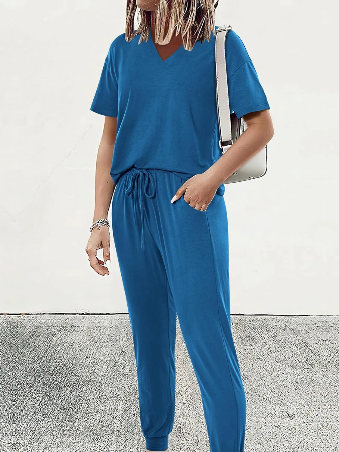 MASCOMODA Womens 2 Piece Outfits Summer Casual V Neck Short Sleeve Tops Long Pants Tracksuit Lounge Jogger Set with Pockets