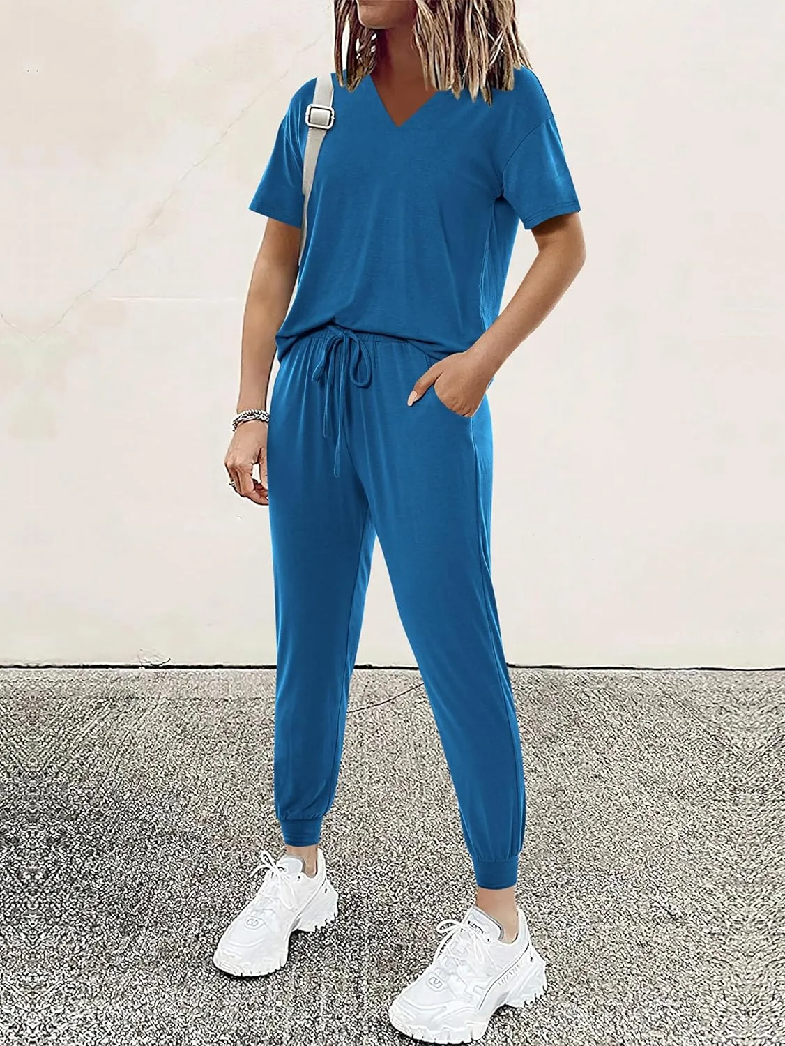 MASCOMODA Womens 2 Piece Outfits Summer Casual V Neck Short Sleeve Tops Long Pants Tracksuit Lounge Jogger Set with Pockets