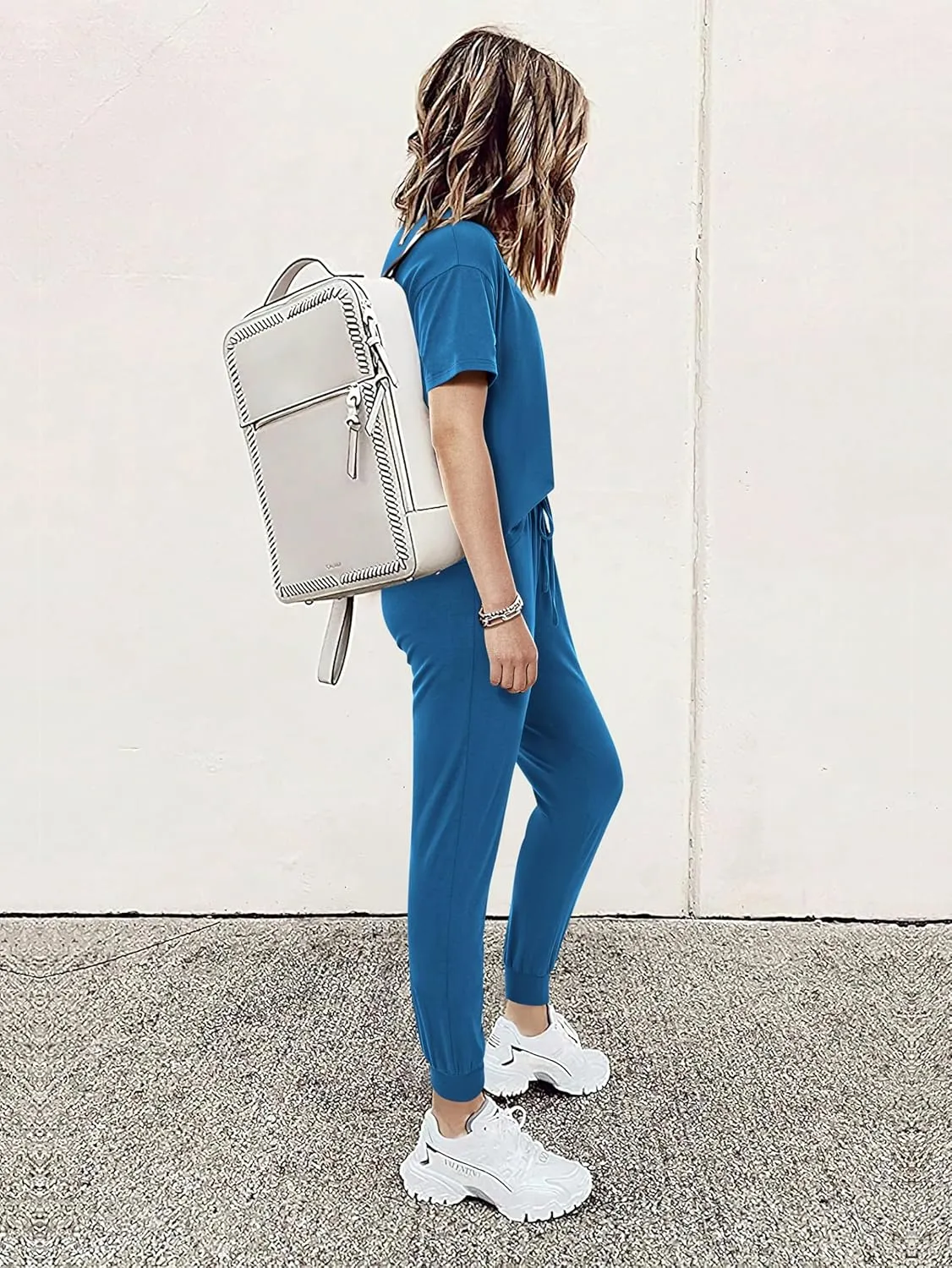 MASCOMODA Womens 2 Piece Outfits Summer Casual V Neck Short Sleeve Tops Long Pants Tracksuit Lounge Jogger Set with Pockets