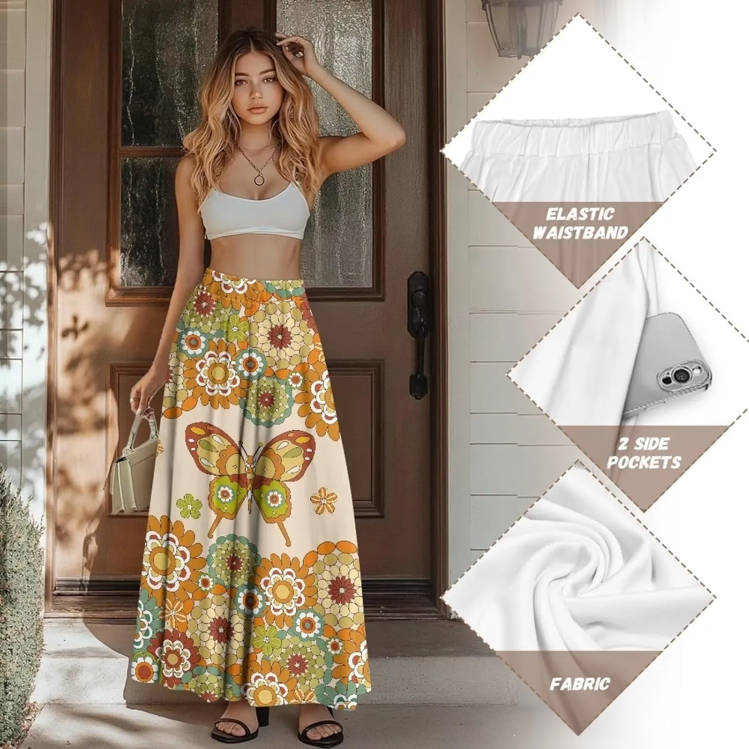 Maxi Skirt for Women Flowy High Waisted Casual Long Skirt Comfy Swing Party Skirts with Pockets Size S-2XL