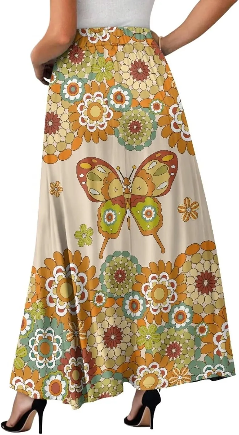 Maxi Skirt for Women Flowy High Waisted Casual Long Skirt Comfy Swing Party Skirts with Pockets Size S-2XL