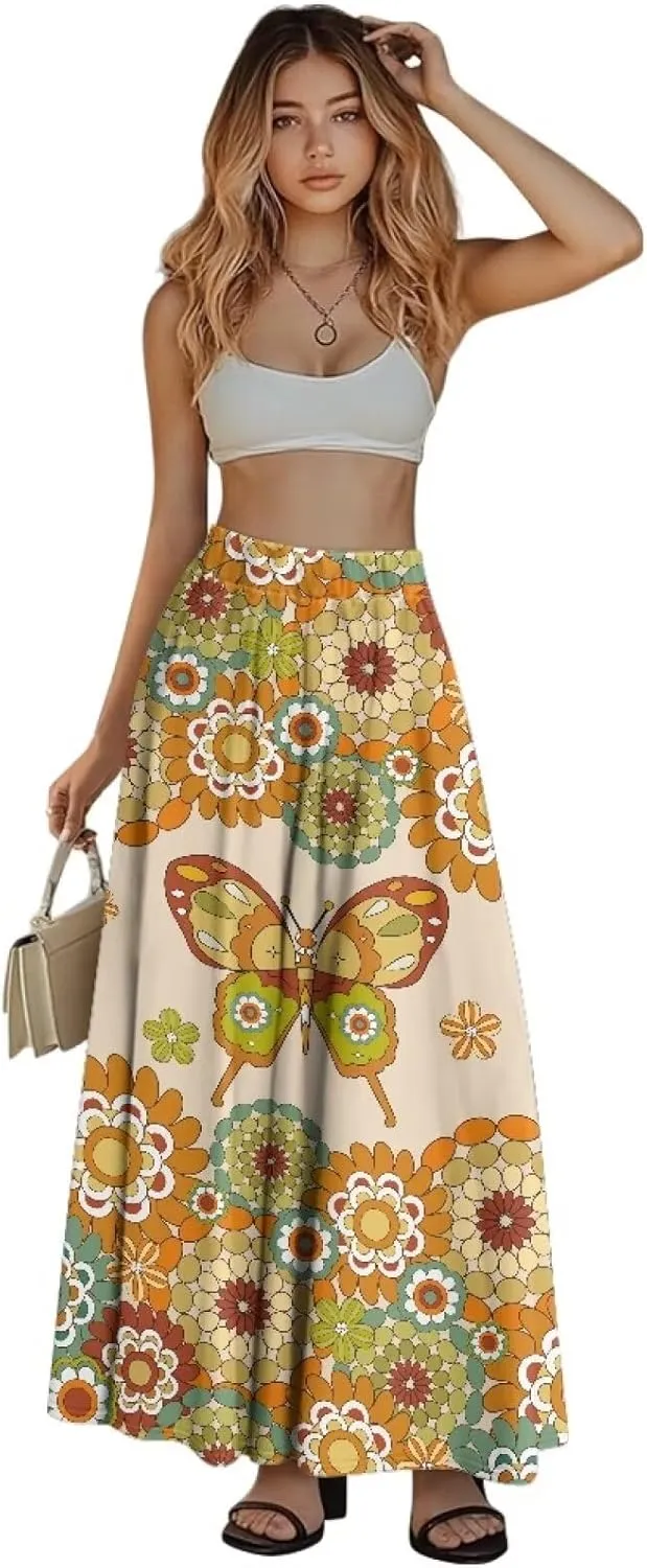 Maxi Skirt for Women Flowy High Waisted Casual Long Skirt Comfy Swing Party Skirts with Pockets Size S-2XL