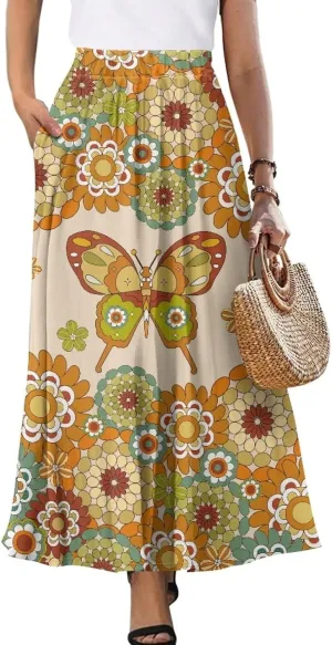 Maxi Skirt for Women Flowy High Waisted Casual Long Skirt Comfy Swing Party Skirts with Pockets Size S-2XL