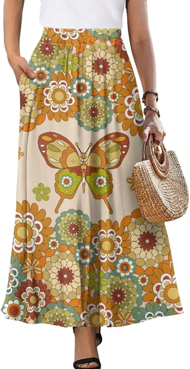 Maxi Skirt for Women Flowy High Waisted Casual Long Skirt Comfy Swing Party Skirts with Pockets Size S-2XL