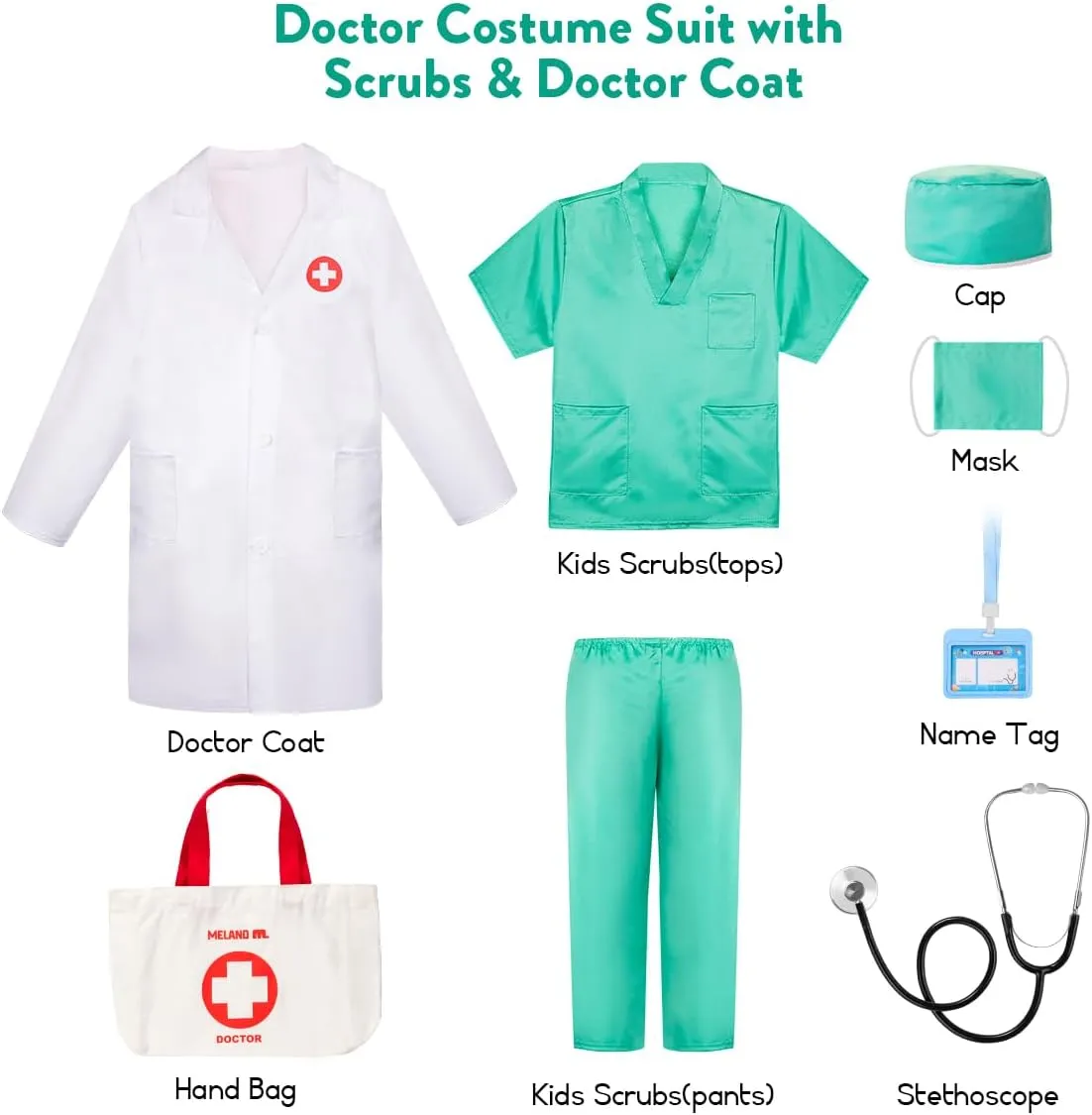 Meland Doctor Costume for Girls - Kids Scrubs with Lab Coat & Carry Bag, Doctor Dress Up for Halloween, Career Day Role Play