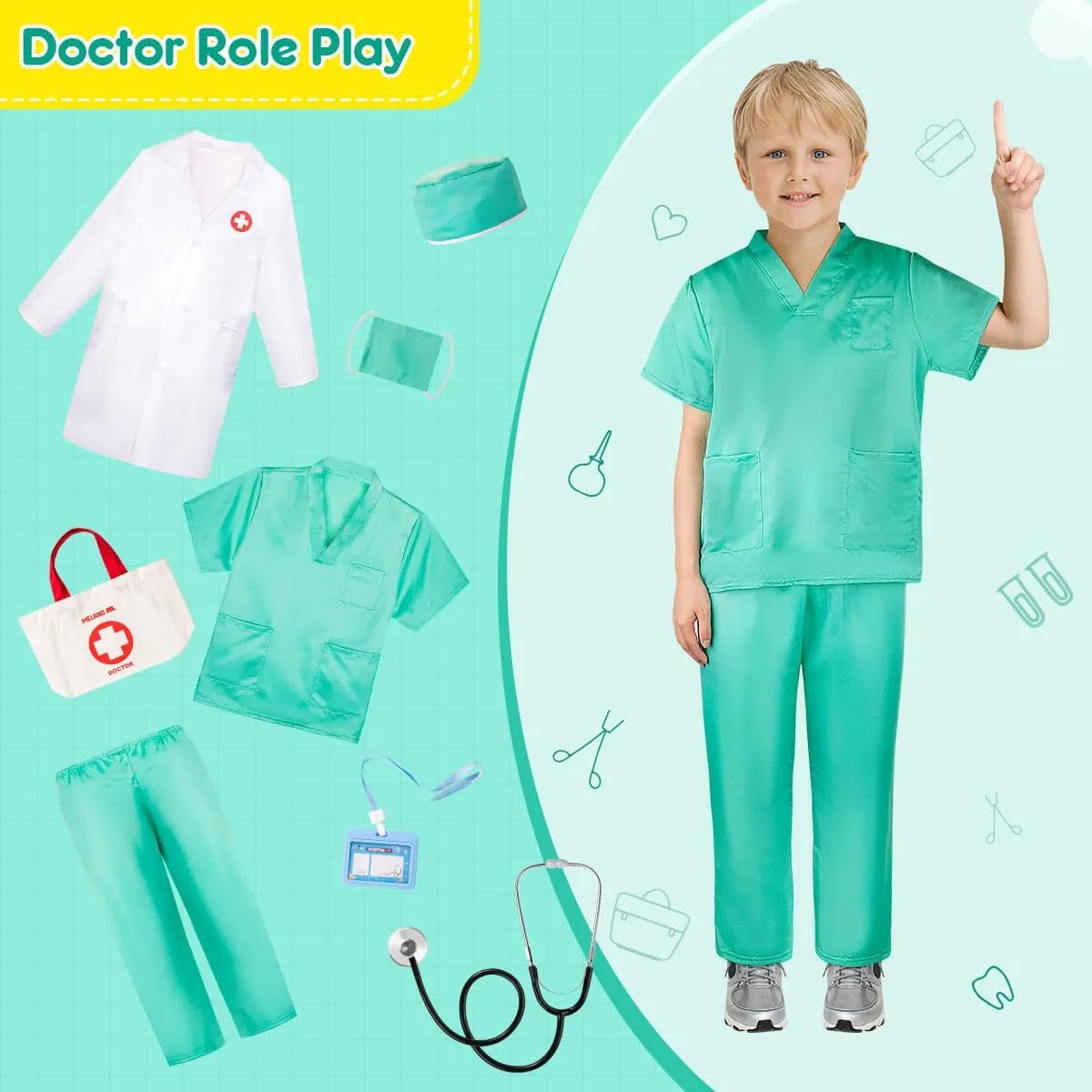 Meland Doctor Costume for Girls - Kids Scrubs with Lab Coat & Carry Bag, Doctor Dress Up for Halloween, Career Day Role Play